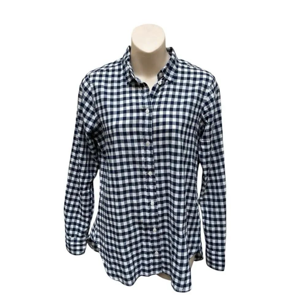 J.Crew Navy White Gingham Button Down Shirt Size 0 Cotton Preppy Classic